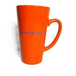 Swank HealthCare Orange Ceramic Mug 12 oz Branded Coffee Cup Blue Logo